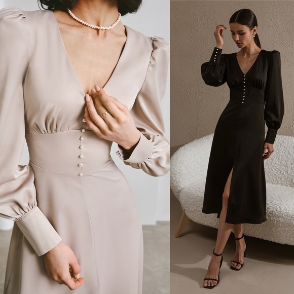 Lichi silk satin button embellished midi dress size small champagne beige luxury - Picture 13 of 14